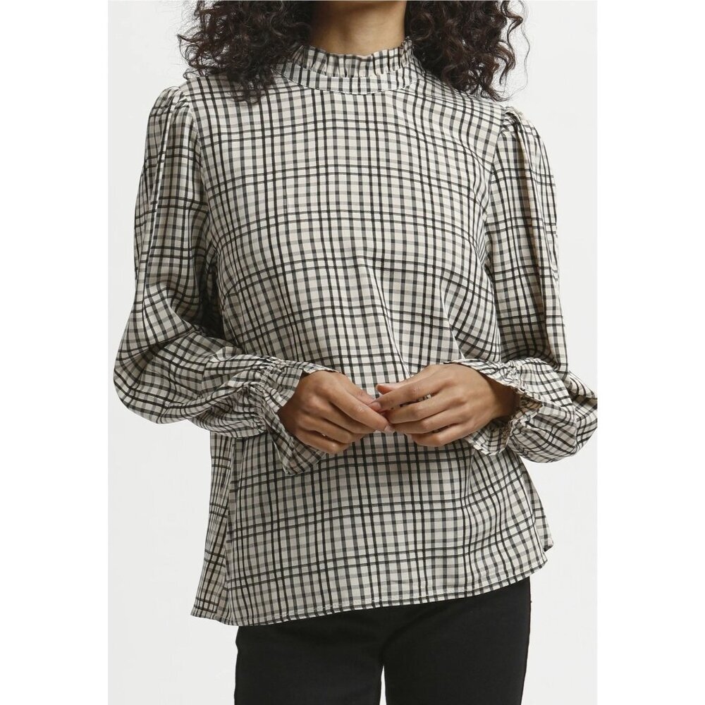 KAFFE Kameara Checkered Blouse Ruffle Neck & Cuffs